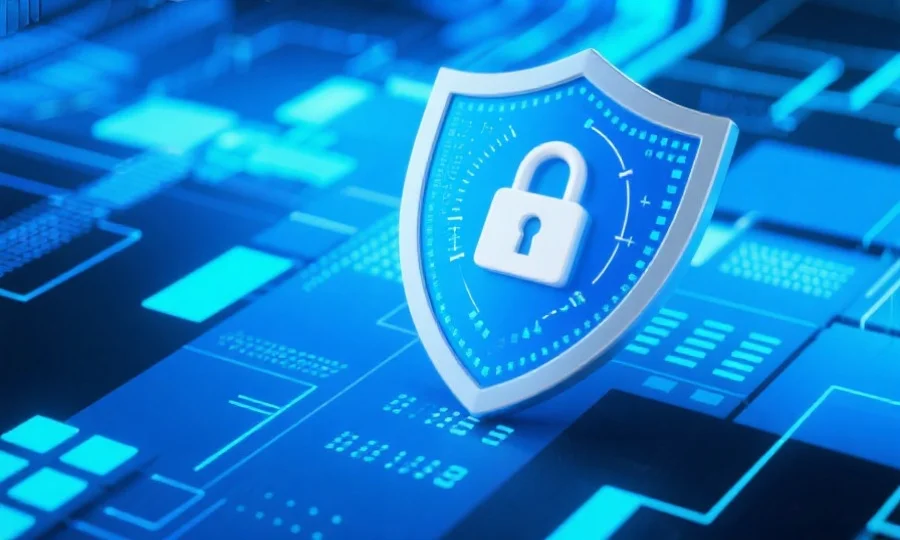 抽象风格的数字安全锁与防护盾牌，象征网络隐私保护与加密安全，背景为蓝色科技感